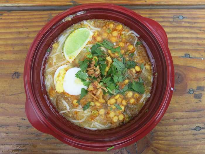 Across Burma you’ll see Mohinga, a noodle soup made from the broth of freshwater fish, turmeric, lemongrass, rice or bean powder, and the edible core of a banana tree.