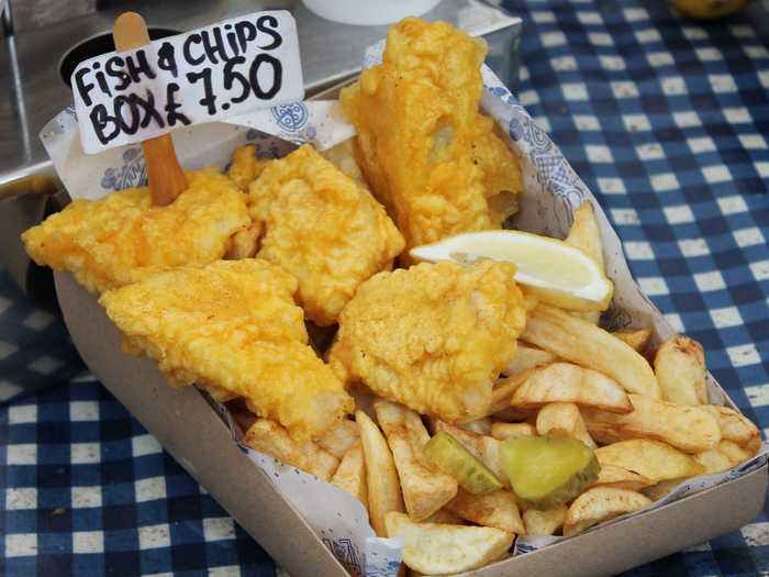 Go for the iconic fish and chips in England, made with white fish that’s battered and fried before being served with a hearty side of crisp chips.