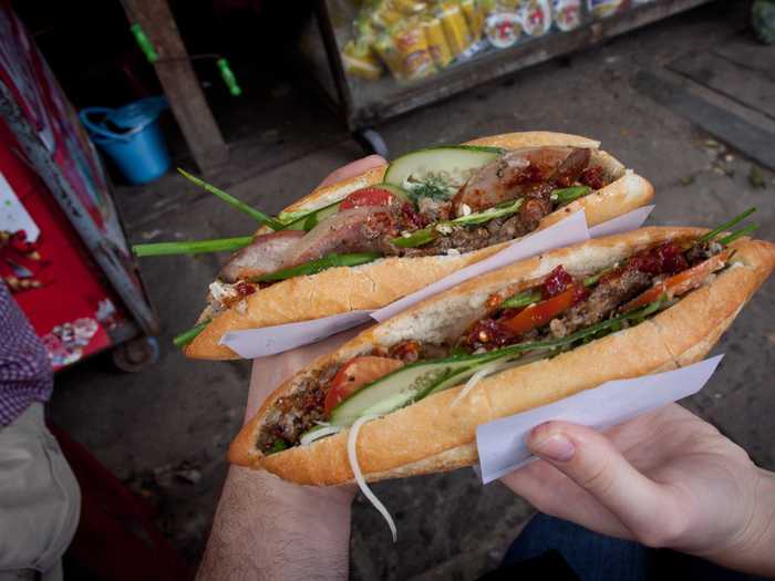 Bánh mì is a Vietnamese sandwich made from a baguette that is stuffed with meats ranging from pork to cold cuts. Fillings include cucumber, cilantro, pickled carrots, daikon, and mayonnaise.