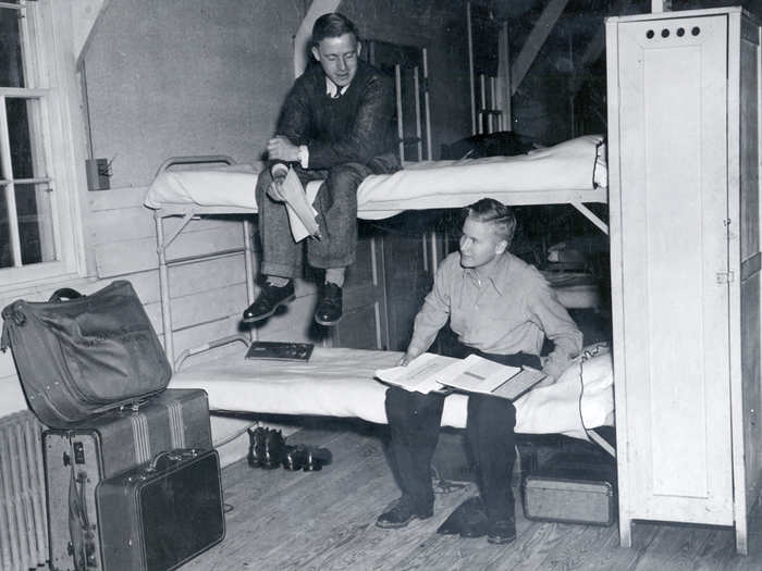 Students studied on bunk beds in this barracks-style dorm, circa 1945.