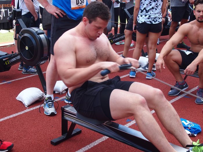 Former Yale football player Will McHale, an associate at Axiom International Investors, finished the row in 1:18.60. He dominated the bench press with 45 reps.