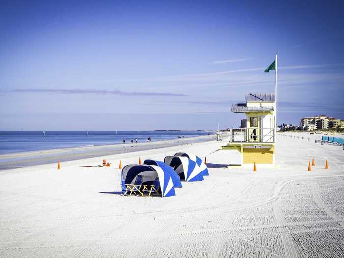 3. The gulf waters of Clearwater Beach in Clearwater, Florida, are warm and inviting, and the town itself is family friendly, with an aquarium, plenty of restaurants, and beachfront activities.