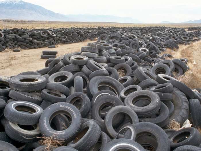 The end of the road for these tires is a desert dumping ground in Nevada. The land used to be a recreation area until around 2006, when it became a place to unload all sorts of items that people no longer needed.