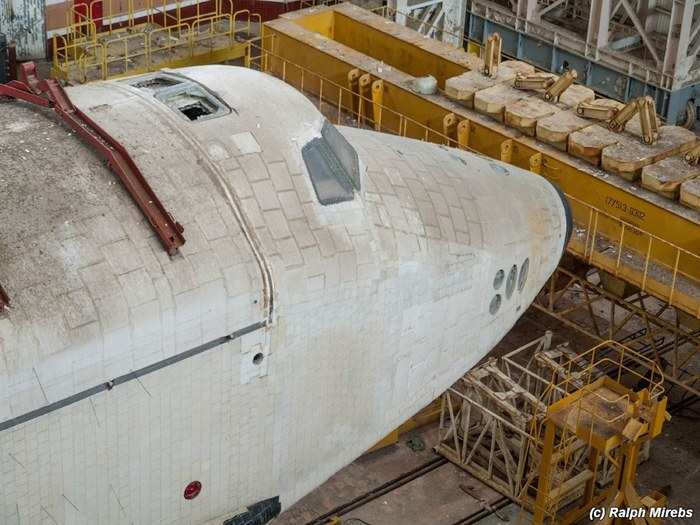 Not surprisingly, after sitting for 22 years, the shuttles are not in superb, or even good, condition. Here you can see a broken window on one of the shuttle