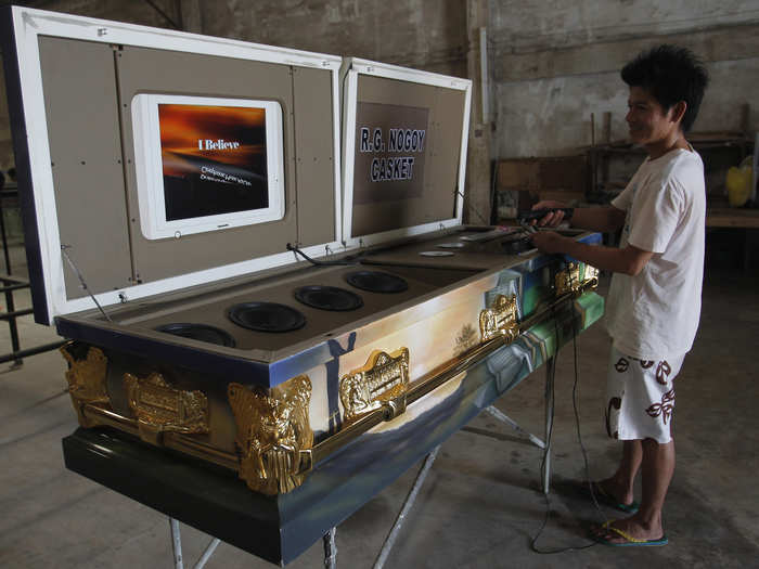 Coffin manufacturer Robert Nogoy designs caskets with karaoke machines inside as a gimmick.