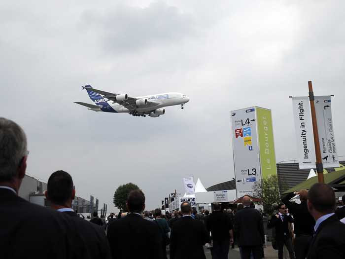 Thousands were on hand at Le Bourget airport. Here, they watched an Airbus A380 perform.