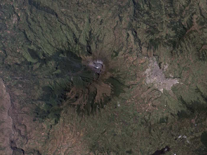 Galeras Volcano, seen here from space, is also a stratovolcano. This one is located near the Colombian city of Pasto. Galeras last erupted between 2012 and 2013. An eruption in 1993 killed 9 people, including 6 scientists who were sampling gases in its crater at the time.