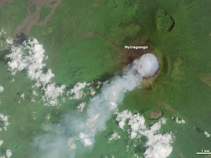 Mount Nyiragongo, shown in this satellite image taken in February, is an active stratovolcano in the Virunga Mountains in the Democratic Republic of Congo. Eruptions in 1977 and 2002 killed about 70 people and 147 people, respectively, in the nearby city of Goma.