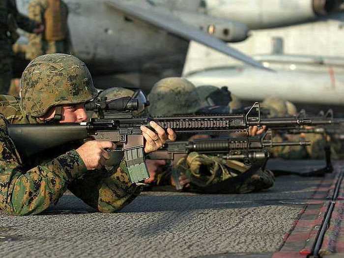 Variants of the M16 rifle, which takes 5.56mm NATO rounds, have been standard issue for the US military since 1969. The M16A4, pictured below, is the service rifle of the US Marine Corps.