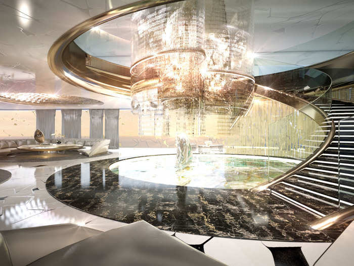 Inside, the yacht is packed with extravagant details. This main salon area is massive.