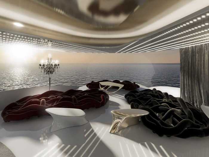 Other lounge areas dot the boat, some of which feature open-air balconies.