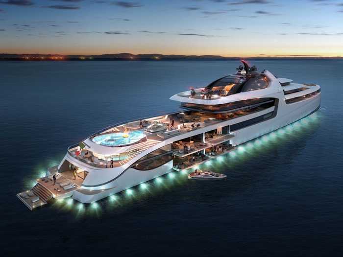 When the sun falls, a 360-degree ring of lights illuminates the yacht