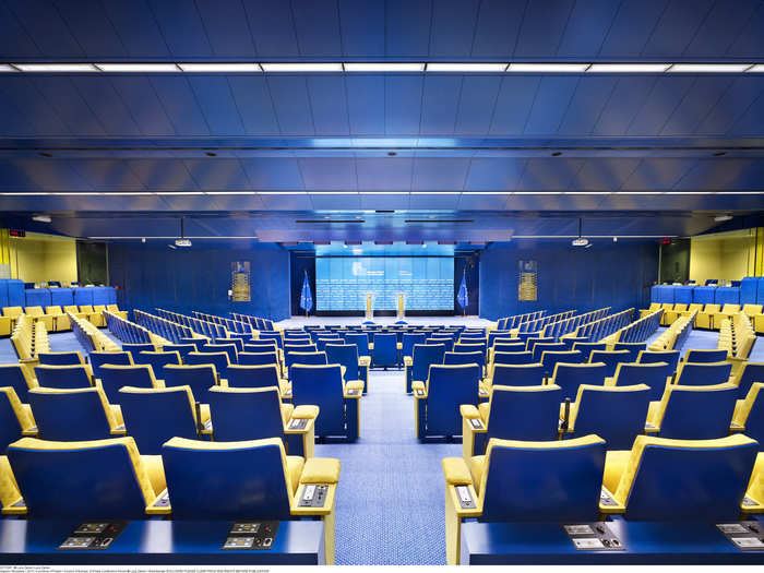 The press conference room for the Council of Europe in Brussels, Belgium is a bit more public-facing. The intergovernmental organization, which seeks to promote cooperation between European states, uses this room to spread its message to the press.