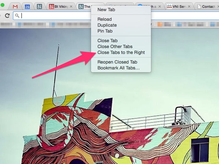 If you want to keep two or more tabs but want to quickly delete the others, click and drag those you want to keep to the left of the tab row. Then right click the last tab you want to keep with the unwanted tabs to its right and click "Close Tabs to the Right." The tabs you want to keep on the left will remain while all the tabs on the right of the tab you right clicked will close.