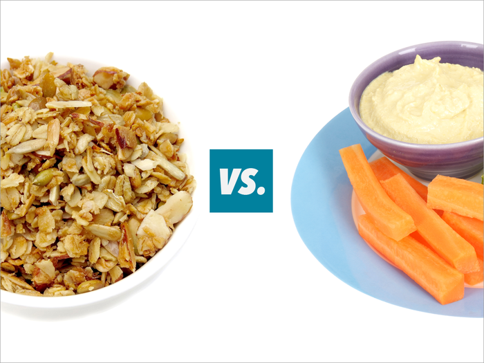 When you get hungry for a snack, you typically grab A) a handful of granola or B) carrots and hummus?