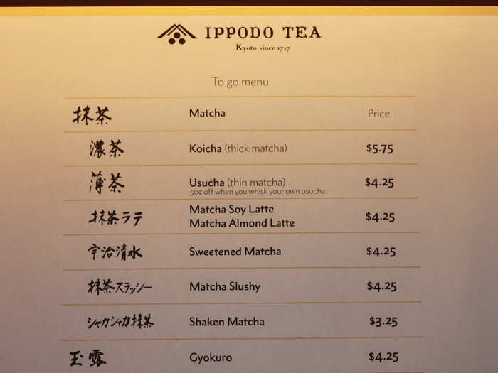 The top-selling drink is the standard usucha matcha, but matcha lattes are close behind.