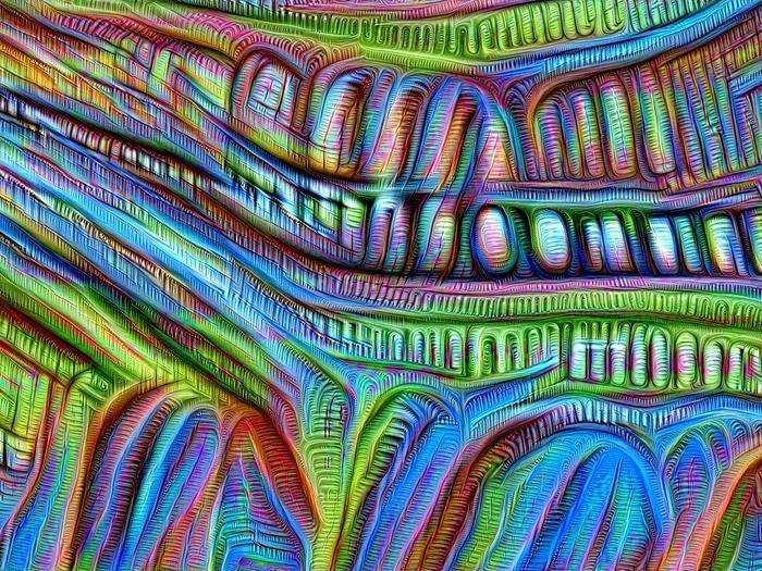 AI trained to identify places and building features spat out the trippiest images. Like these blue and green arches.