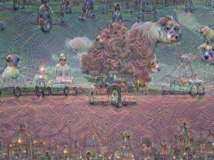 One AI network turned an image of a red tree into a tapestry of dogs, birds, cars, buildings and bikes.