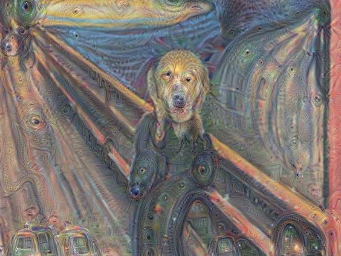 The engineers also fed works of art to the AI artworks. One network superimposed a dog on the screaming figure in “The Scream,” a painting by Edvard Munch.