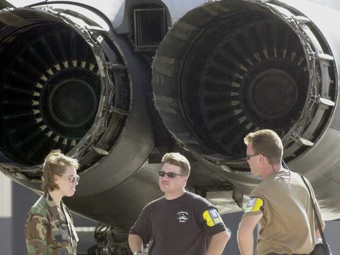 Four massive General Electric F101 engines each provide 30,000 pounds of thrust.