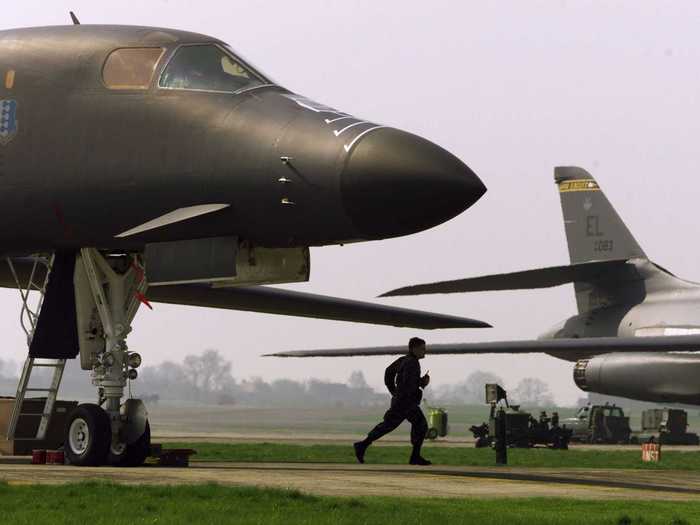 Ground crews prepare B1 bombers of the U.S. 77th Bomber Squadron at RAF Fairford in Gloucestershire, England.