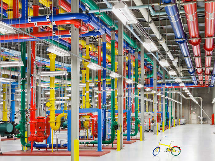 These colorful pipes are used to send water to cool the data centers. That