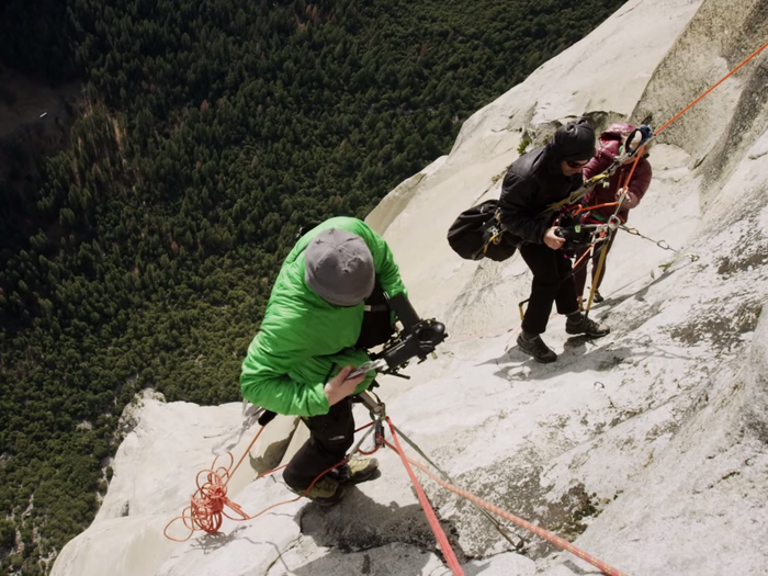 The camera crew had to climb together, right behind the three climbers, for this project.