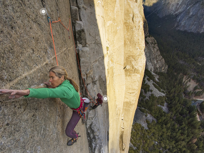 Lynn Hill holding on to an edge not much larger than a side of a coin.