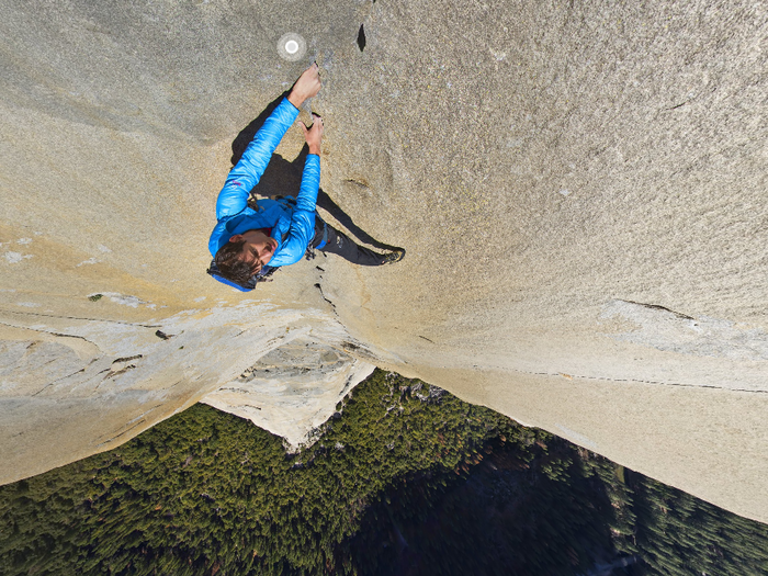 That’s Honnold 2,000 feet above ground. He’s holding onto what’s called the “Pancake Flake,” a granite flake as thin as a pancake.