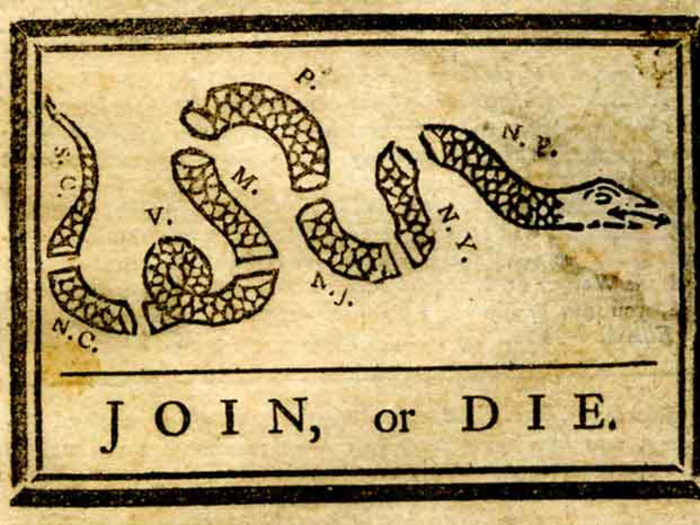 Benjamin Franklin drew this now-famous cartoon of a disjointed snake in 1754 — telling fragmented colonies that if they didn