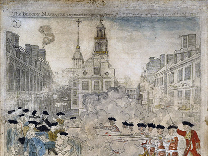 This copper engraving by Paul Revere is a sensationalized depiction of the "Boston Massacre" from 1770, and rallied anti-British sentiment among the revolutionaries five years before the start of the war.