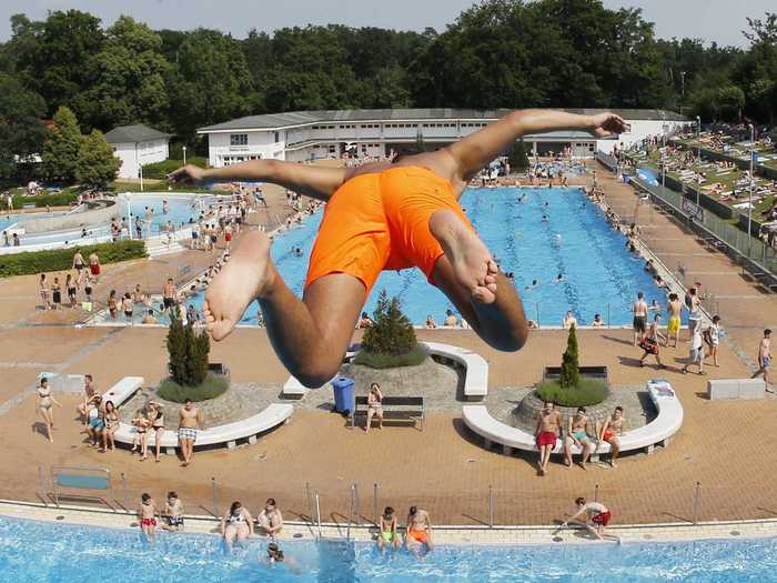 This outdoor pool in Frankfurt, Germany — where temperatures are clocking in at over 100 degrees — is a haven for locals.