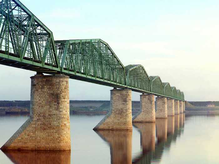 Railroad truss bridges, built on columns over the Kama River  near Perm, helped support the Trans-Siberian Railway, spanning over 6,000 miles from central European Russia to the Pacific Ocean.