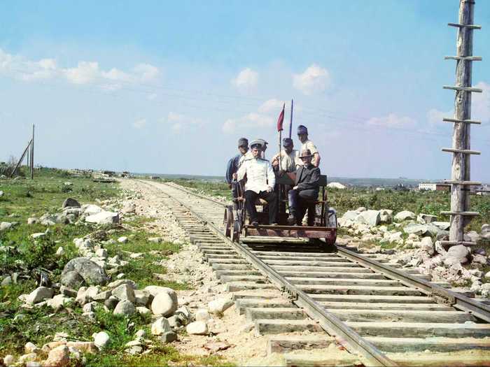 Here, Prokudin-Gorskii  rides the Murmasnk Railroad in a handcar. The railroad was built by the Russian government during World War I to connect Petrograd (Saint Petersburg) to Murmansk,  the last city to be founded in the Russian Empire.