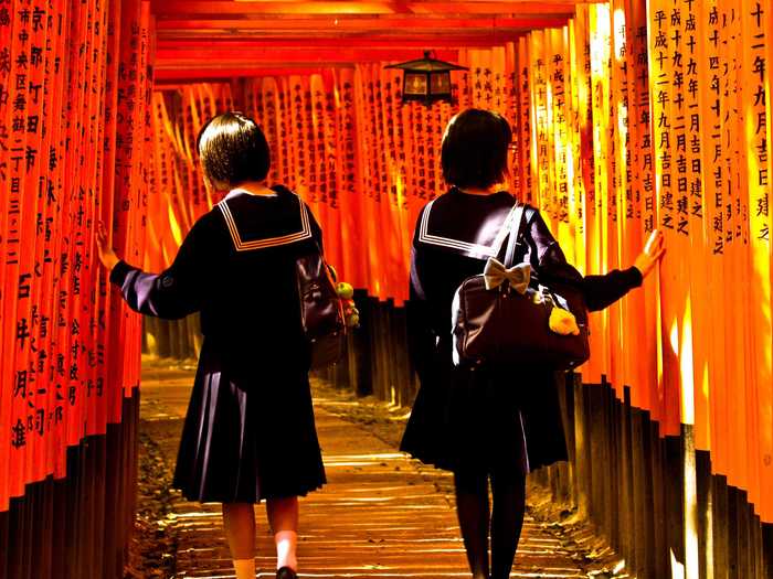 Travelers love the thousands of scarlet colored torii (shrine gates) that lead 2.5 miles up a mountain to the main Inari shrine: Fushimi Inari Taisha. As Inari is considered the patron of business, each gate was donated by a Japanese business.