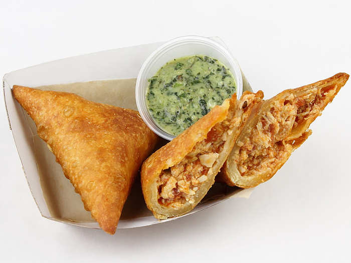 Butter Chicken Samosas: Pastries filled with chicken in a tomato curry sauce and served with a side of green chutney. Sweet Summer Vegetable Samosas with corn, peas and onions also are available.