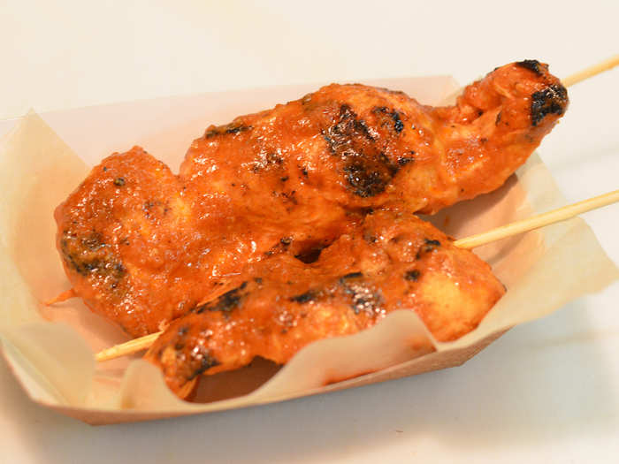 Tikka On-a-Stikka: Chicken marinated in spices and yogurt, chargrilled and smothered in tikka sauce.