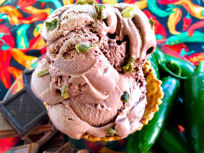 Chocolate Jalapeño Ice Cream: Chocolate ice cream blended with jalapeño pepper bits.