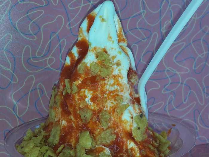 Fire and Ice Kreme: Soft serve vanilla ice cream with Sriracha sauce and corn chip crunch, topped with whipped cream.