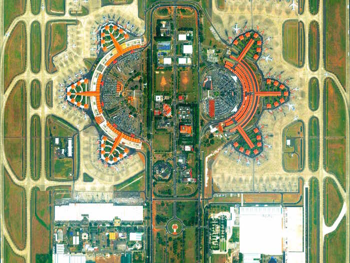 Soekarno-Hatta International Airport in Jakarta, Indonesia is the 9th busiest airport in the world, serving approximately 57.8 million passengers each year. The boarding pavilions are examples of classic Indonesian architecture with roofs built in the Javanese stepped-roof style.