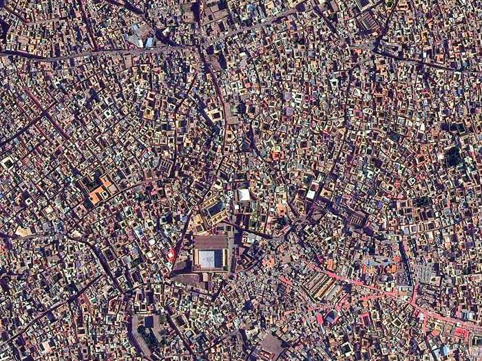 The medina quarter in Marrakesh, Morocco is characterized by its winding, maze-like streets. Because the intricately connected honeycomb of alleyways narrows to less than a meter wide at certain spots, the area is generally free from car traffic.