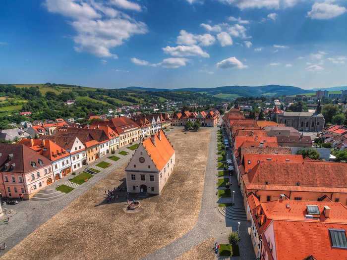 The fortified town of Bardejov sits on a floodplain terrace of the Topl