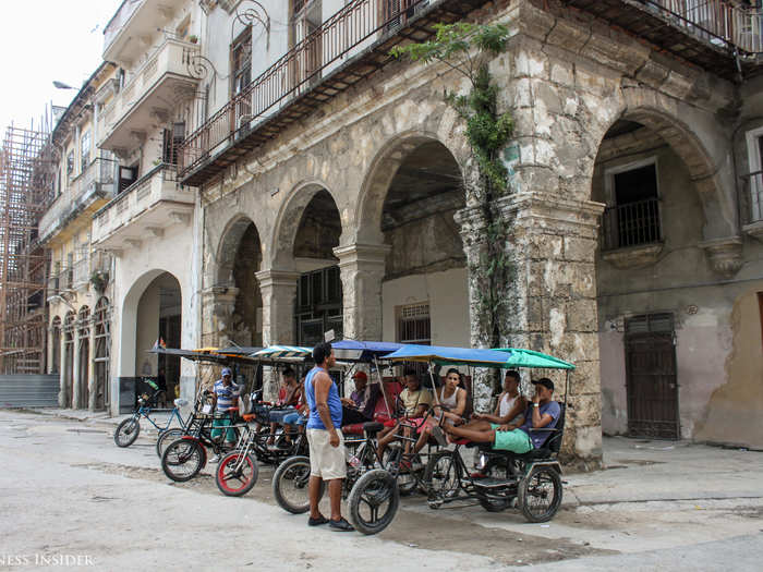 We saw groups of "bicitaxis," what we call pedicabs in New York City, parked throughout the touristy areas of Havana. When we were a little tired of walking we paid for a tour on a bicitaxi and invited our drivers to have a few drinks with us.