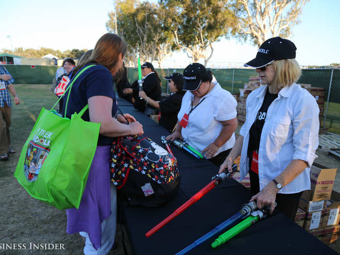 Anyone with a badge could choose a red, blue, or green light-up lightsaber.