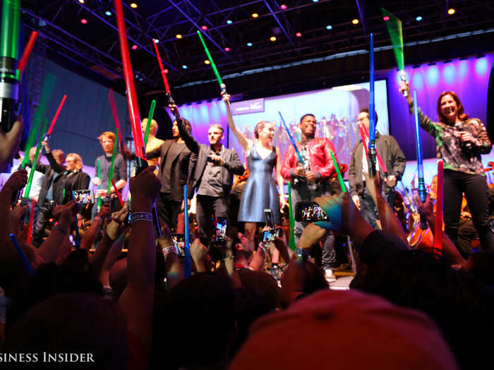 Daisy Ridley, Oscar Isaac, Adam Driver, Gwendoline Christie, and Domhnall Gleeson joined the gang on stage.