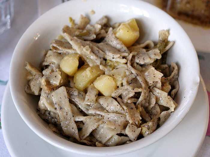 Pizzoccheri are short tagliatelle noodles that come from the town of Valtellina in Italy