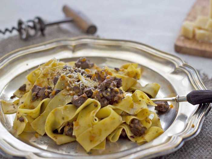 Another favorite from Tuscany is pappardelle al cinghiale: long, flat, wide noodles mixed with wild boar ragu.