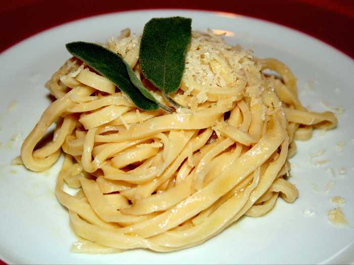 Made with only butter (burro) and sage (salvia), tajarin al burro e salvia originated in the northern region of Piedmont and features finely cut egg noodles.