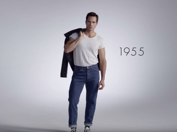 The year 1955 ditches the suits and hats. Many men adopted the "greaser" style of denim jeans and black leather jackets.