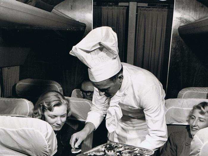 Plane food was made fresh on KLM in 1958, and even hand-delivered by the chef. Is that caviar?